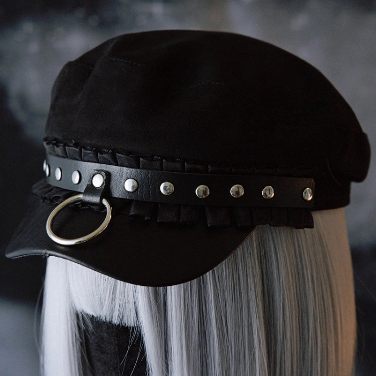 Studs Black Details Trim Ruffled Hat Beret Gothic