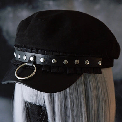 Black Studs Details Beret Gothic Trim Hat Ruffled