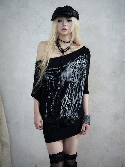 Asymmetrical Batwing Sleeve Black Bodycon Dress with Wing Print - NO ROMANCE