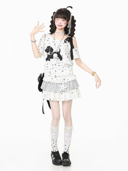 White Asymmetric Tee with Star Motif & Puppy Emblem - Languid Park