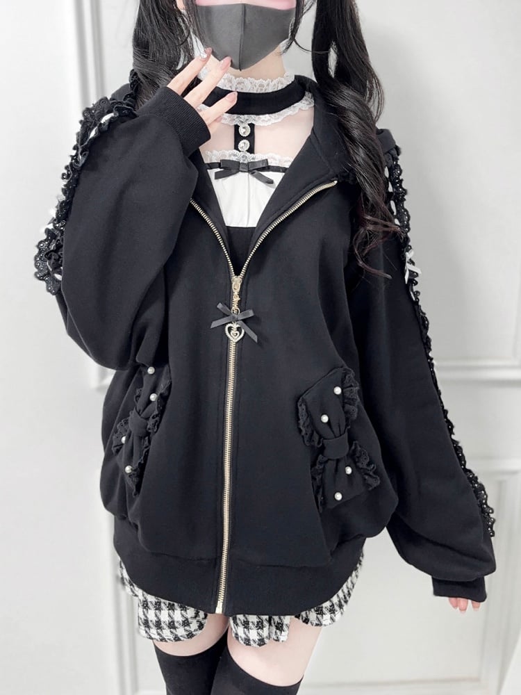 Perforated Jirai Kei Black/White Hoodie Bead-Embellished Bow Jacket: Pockets Sleeve with