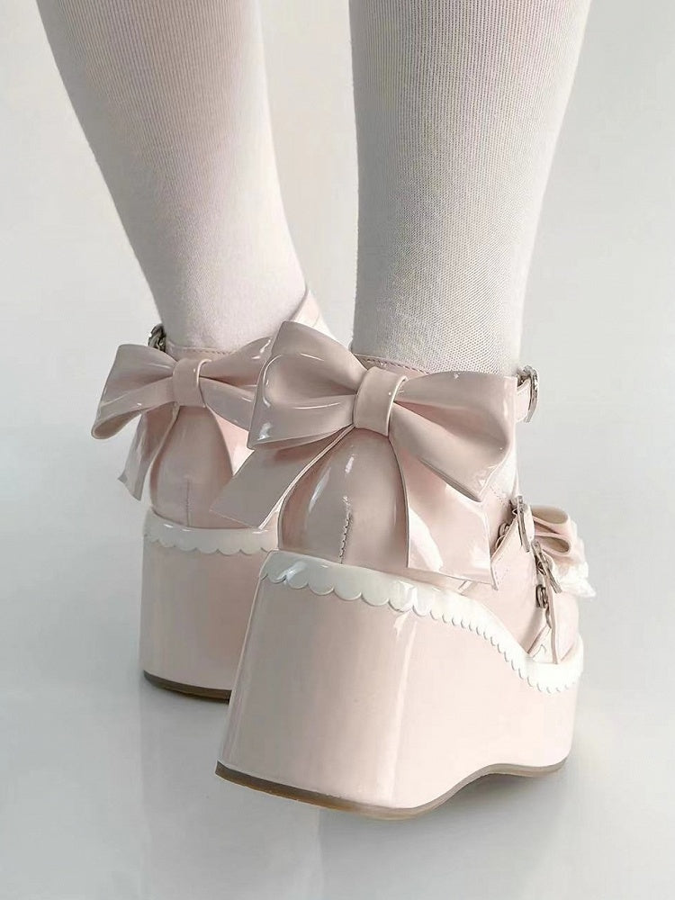 Lolita Platform Upper Lace Tiered Bow - Pink Top Mary with Janes