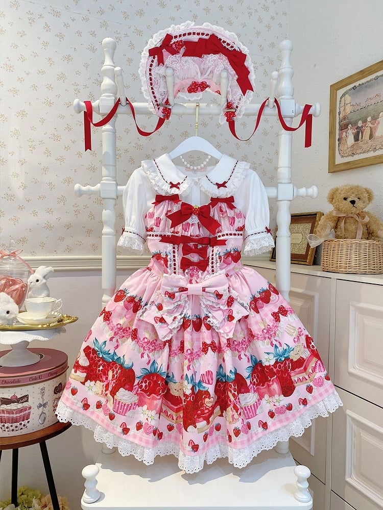 Drucken Erdbeerkleid Pink Dessert und Lolita Sweet