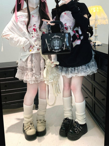 Jirai Kei Lace Double-Layered Bunny Ears Design Black/White/Pink