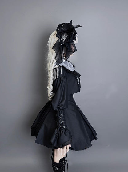 Lolita Coat Collar Sleeves Leg-of-Mutton Black Faux with Fur Gothic Detachable