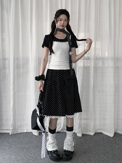 Vintage Y2K Polka-Dot Skirt with Lace - Solkatt