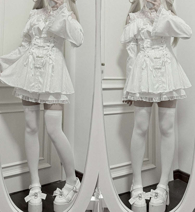 スタイルイリュージョン ボウタイ ミニドレスセット - ケイ チャイナドレス ホワイト + ショーツ ジライネックライン + ベルスリーブ