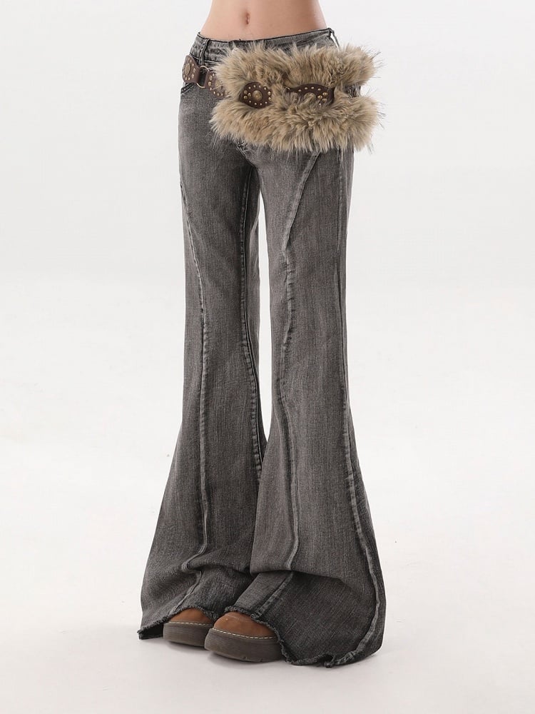 Trendy Black Flared Jeans with Furry Waist Belt - Rayohopp