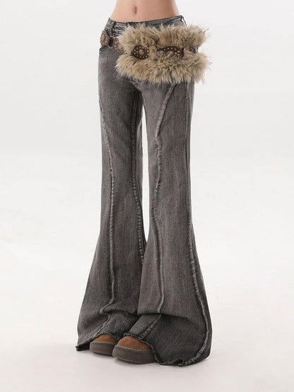 Trendy Black Flared Jeans with Furry Waist Belt - Rayohopp