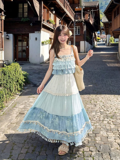 Dye Tie Blue Skirt Design Tassel Hem Shell Charm Patchwork Trim Lace