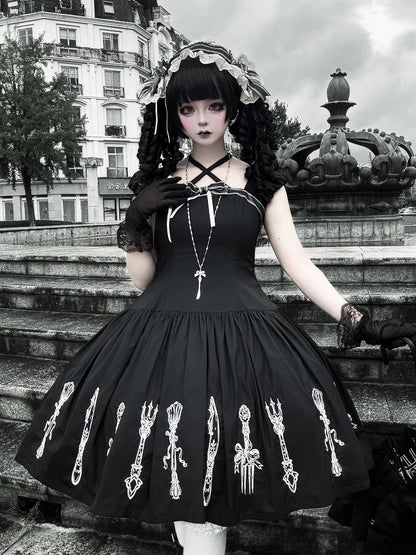Cutlery Embroidered Short Sleeve Gothic OP Dress in Black with Halter Neckline - Vivian's Diary