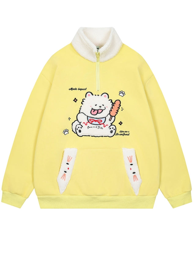 Red/Blue/Yellow Cute Plush Puppy Applique Polo Collar Sweatshirt