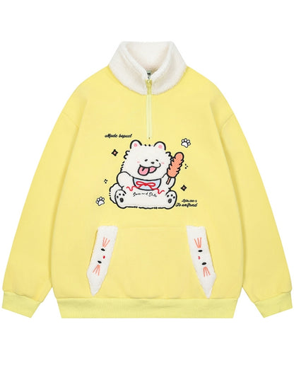 Red/Blue/Yellow Cute Plush Puppy Applique Polo Collar Sweatshirt