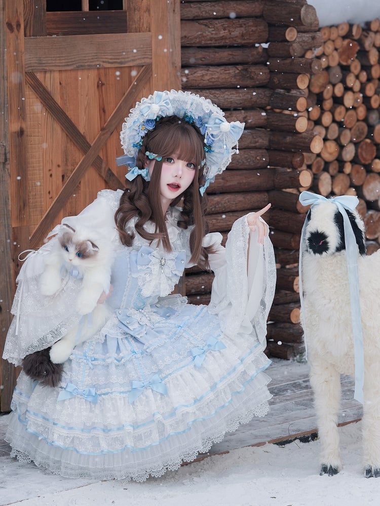 Jumper with Layered Blue Hime Bows Detachable Dress Lolita Hanayome Skirt