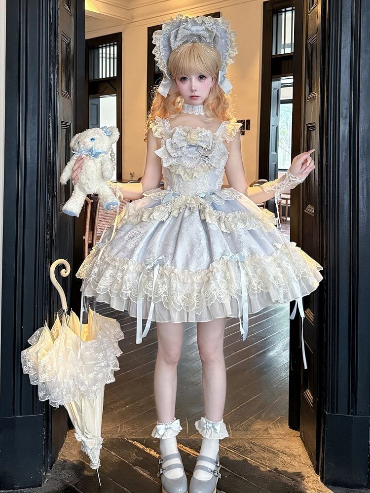 Lolita Dress Jumper Fabric Jacquard Bow Skirt Sweet Blue Accents
