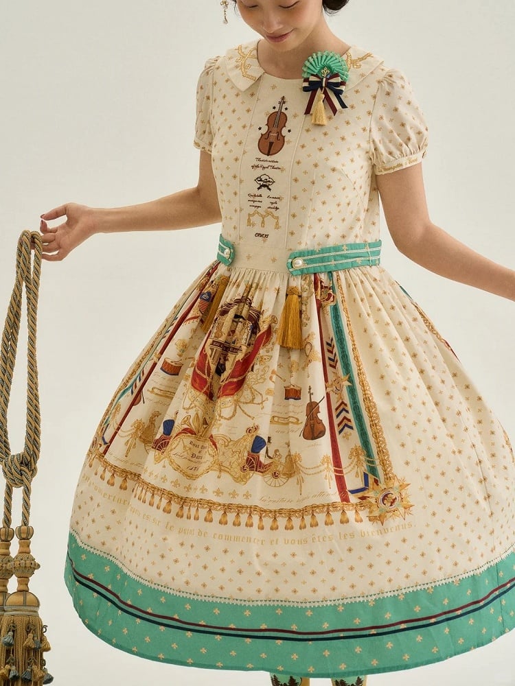 Long White Musical Print Peter Pan Collar OP Dress with Tassels - Crucis Universal Tailor Company