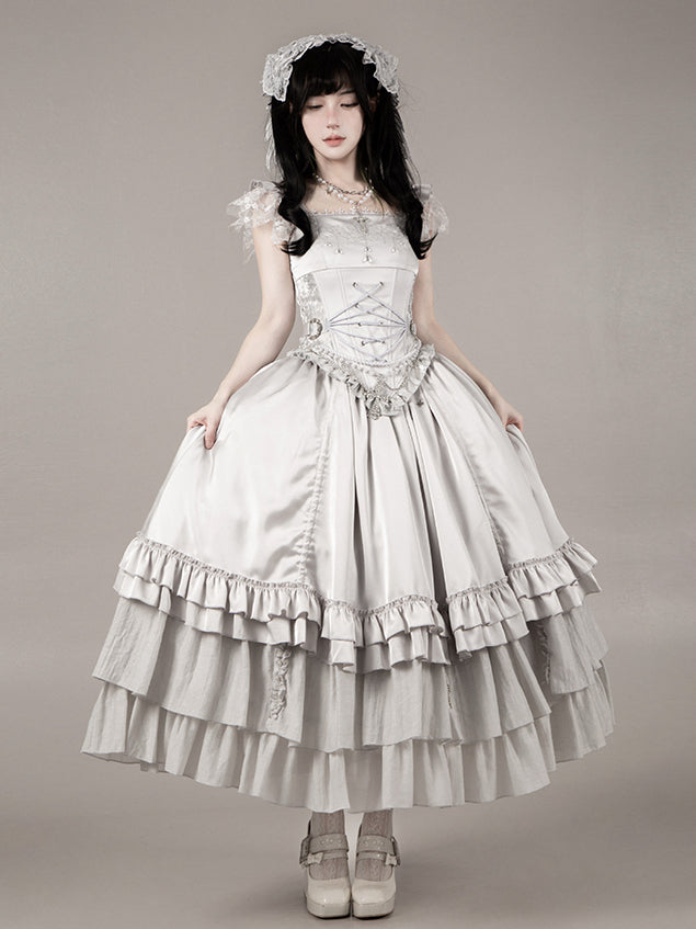 Skirt Silver Necklace Full Top Chain Set Drawstring Lolita - Veil Gothic Corset Head Waist + Boned