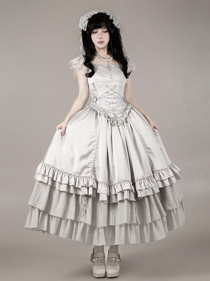 Skirt Silver Necklace Full Top Chain Set Drawstring Lolita - Veil Gothic Corset Head Waist + Boned