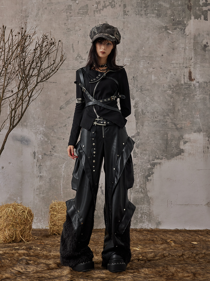 Studded Punk with Pants Black Wide-Leg PU Faux Rock Fur Accents
