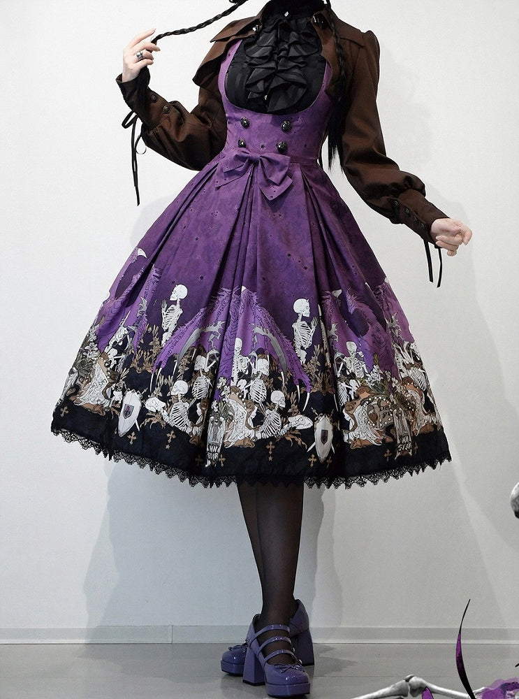 Purple Skeleton Cross Print Under Bust Gothic Lolita Dress with Black Lace Trim - NnSTAR
