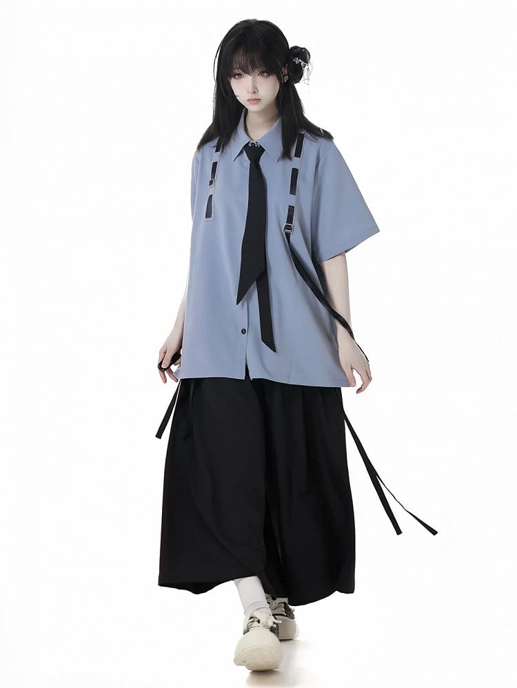 Stil Blau Preppy Krawatte Kurzarm Hemd mit Gratis