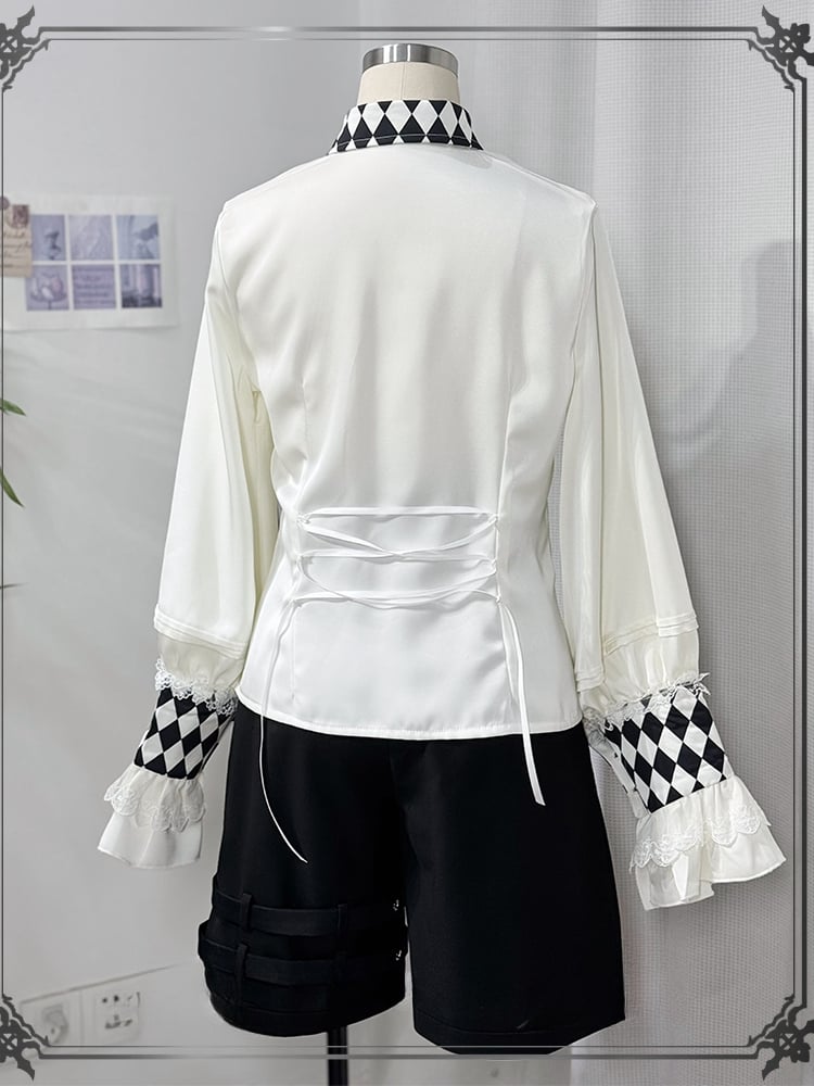 バイブスホワイトシャツ王子サーカスロングカラーチェッカーボードカフススリーブとプリントロリータ