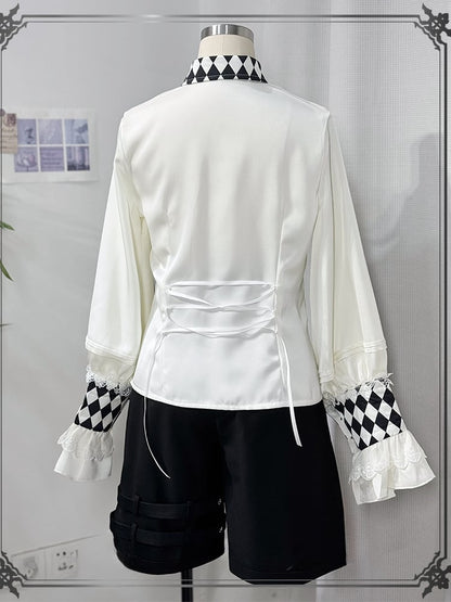 バイブスホワイトシャツ王子サーカスロングカラーチェッカーボードカフススリーブとプリントロリータ