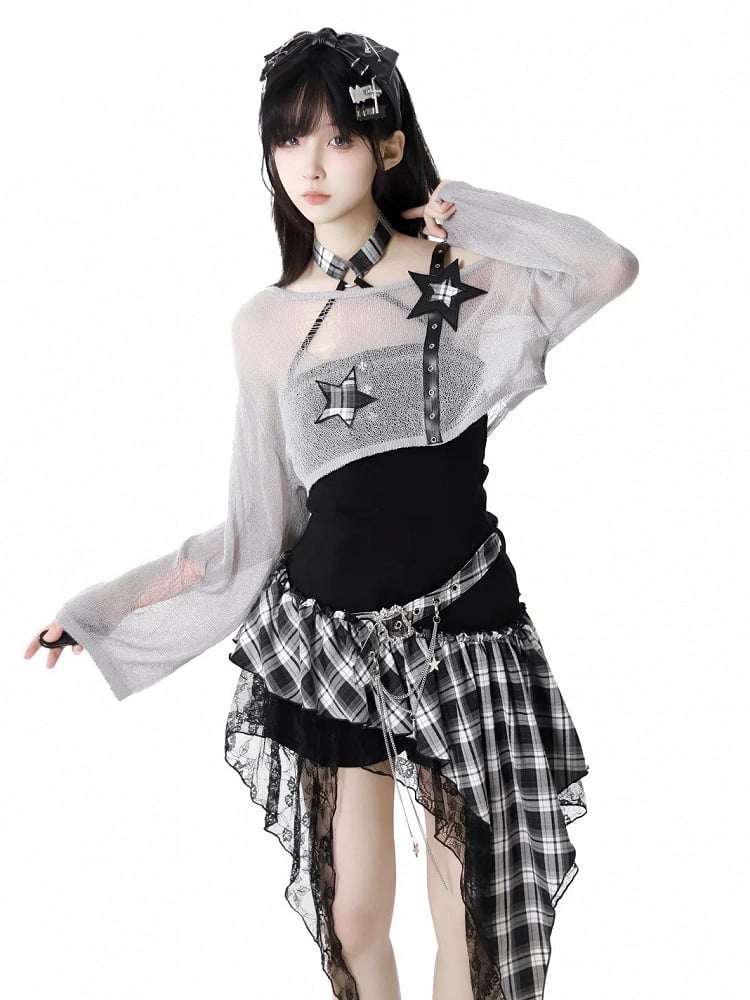 Rock Red/Black  White Plaid Mesh Strapless Dress Patches Handkerchief Hem Punk