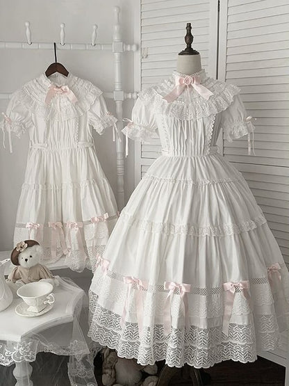 School Lolita Accents and OP Dress Pink Edward Old White Neck Cotton Bow Set