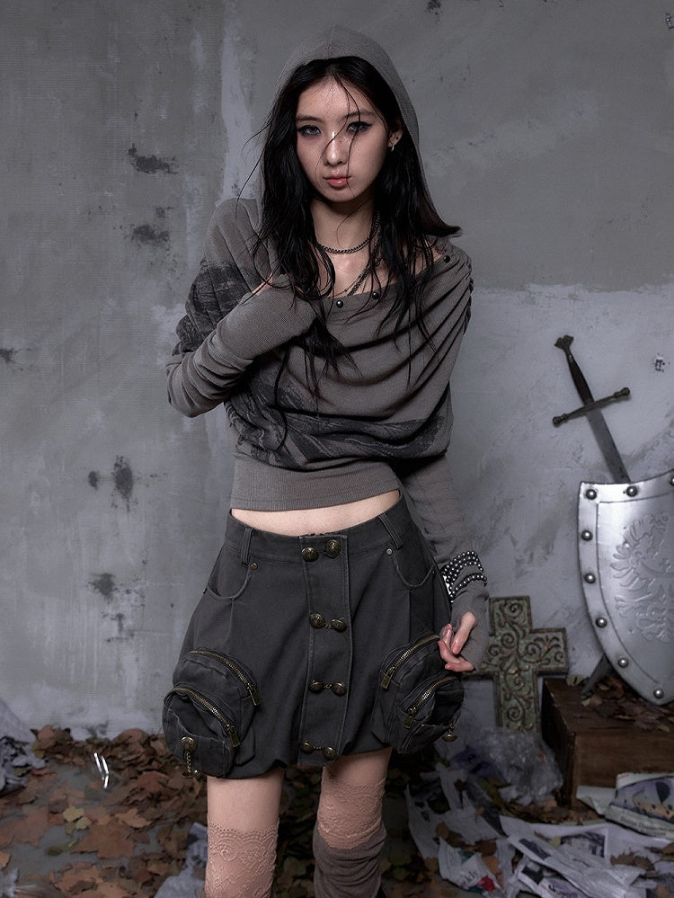 Cowl Wasteland Wing Punk Studded Convertible Print Gray Hoodie Off-Shoulder Neck Brown with Design