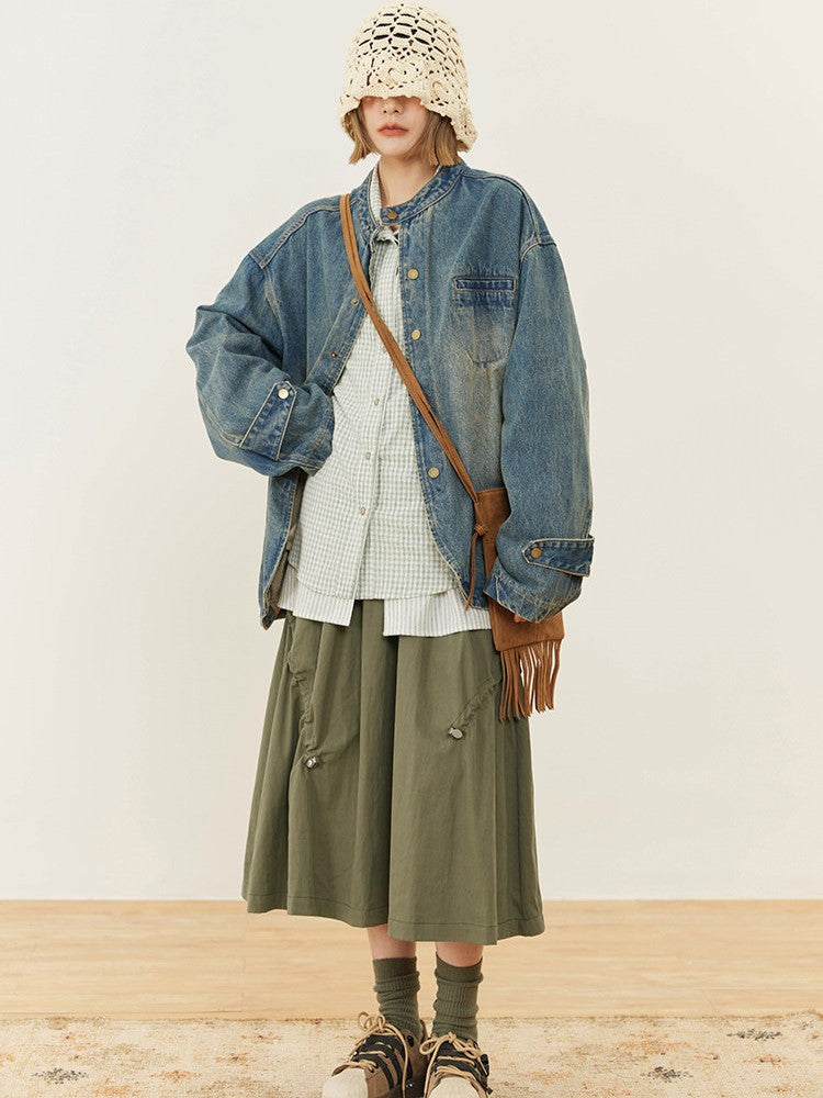 Drawstring with Design Vintage Green Shirt Silhouette A-Line