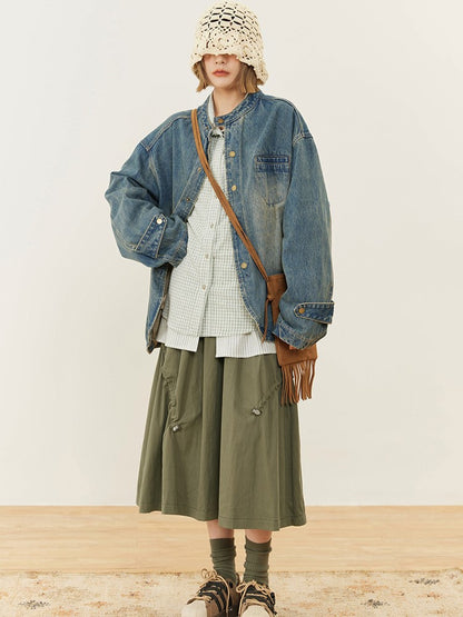 Drawstring with Design Vintage Green Shirt Silhouette A-Line
