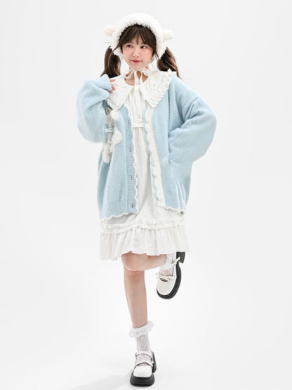 ゆめかわいいブルーのハート型ボタンカーディガン（ラムのぬいぐるみ付き）