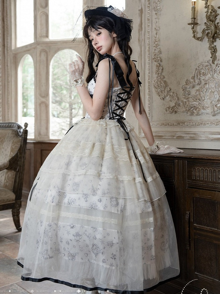 Champagne Bow Lace JSK Set with Cape and Pearl Hat - Sweetheart Macaron Lolita