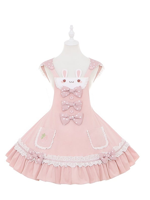 on Polka-dot Bowknot Lolita Jumper Skirt Details Bunny Ears Design Sweet Waist Hood Pink
