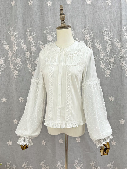 Cotton Jacquard Sleeves Long White Lolita Blouse