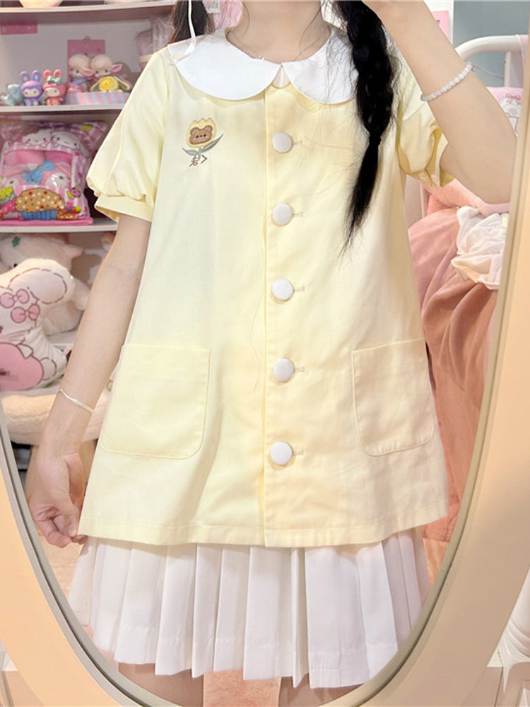 Hellgelbes Teddy-Top mit Peter-Pan-Kragen und Puffärmeln