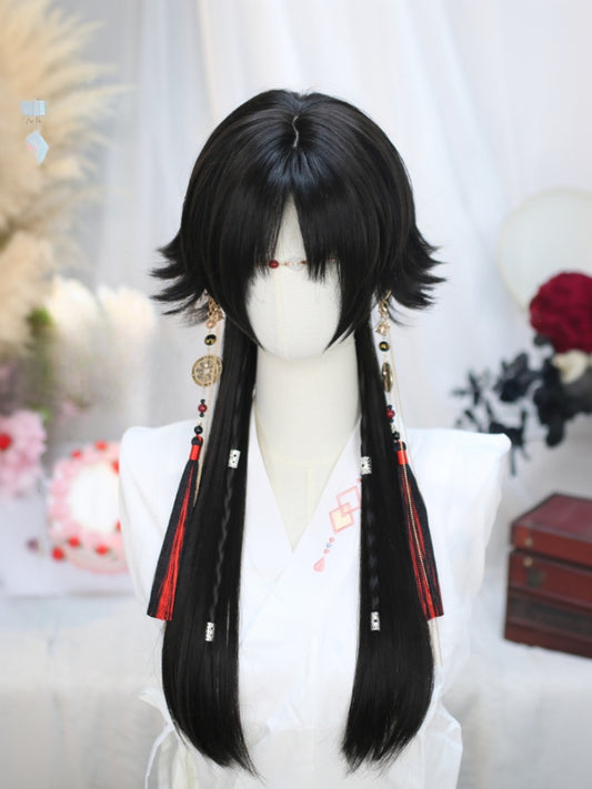 Schwarze, unterbrustlange, glatte Kunsthaarperücke mit Pony