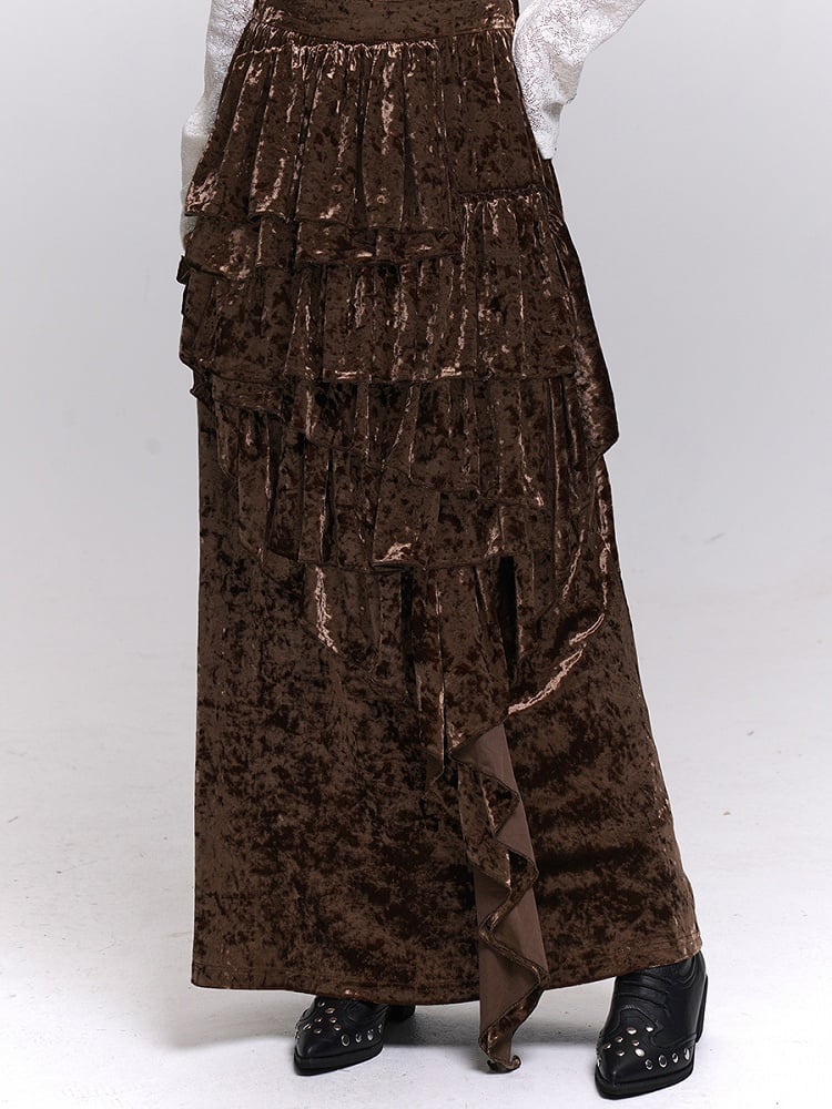 Black / Brown Velvet Maxi Skirt with Asymmetric Pleats and Cascading Ruffle Trim