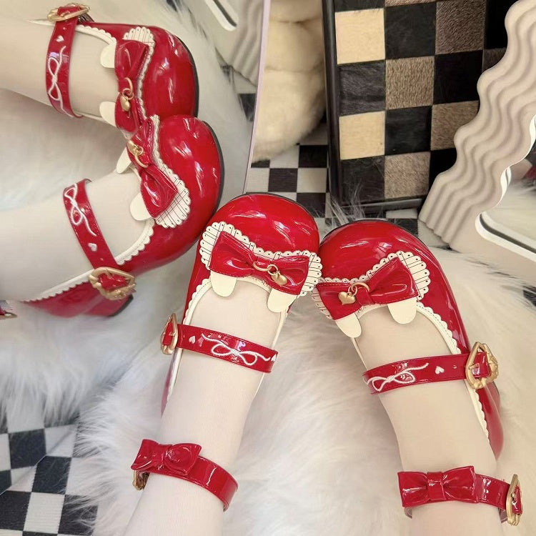 Bunny Embellishments Details Bow Lolita Red Shoes Mid-heel Sweet with Ear