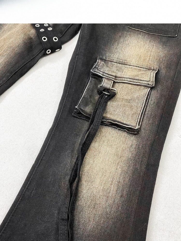 ダメージ加工のフレアブラックジーンズデザインシルエットビタースウィート