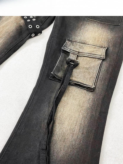 ダメージ加工のフレアブラックジーンズデザインシルエットビタースウィート