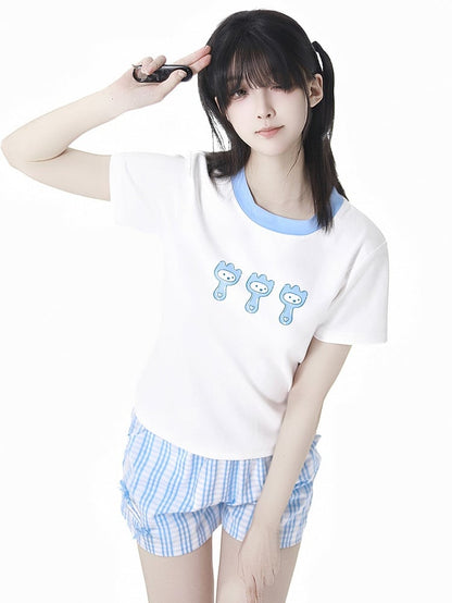 Round Neck Cute Cartoon Print T-Shirt Contrast Trim White Blue