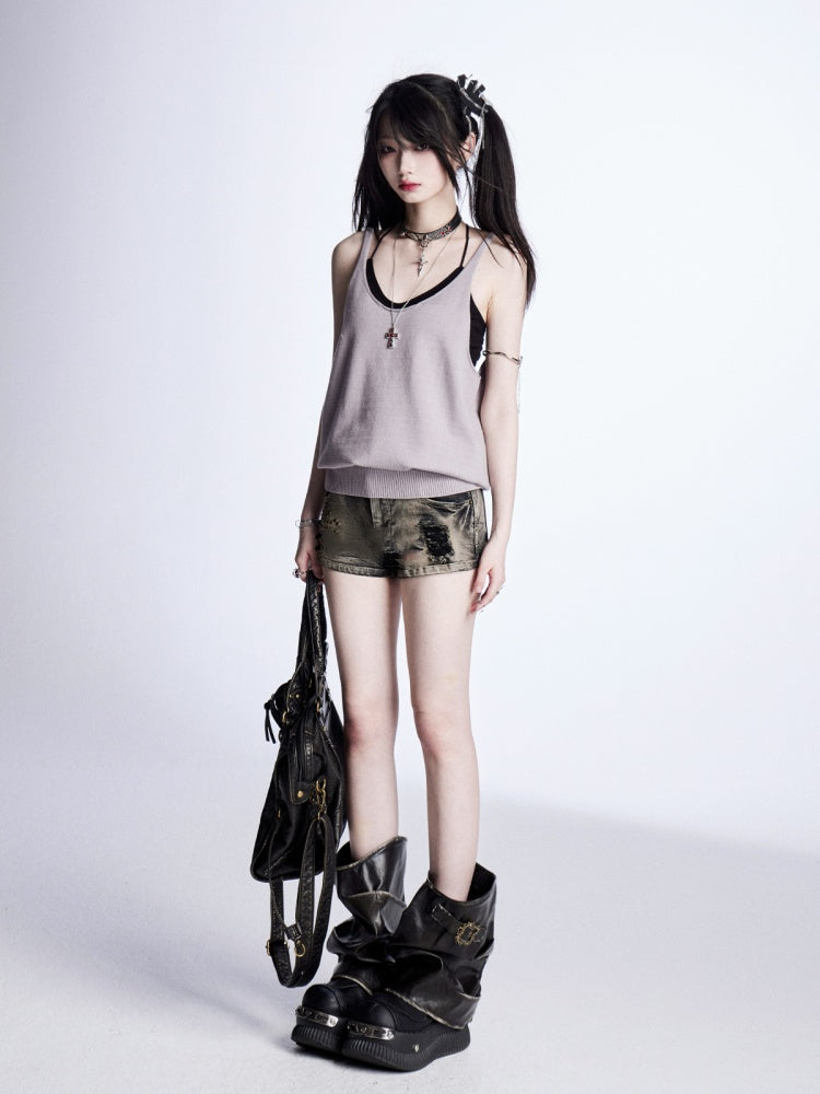 レッド/グレーのグラマラストップ、バックレスニットタンクトップ