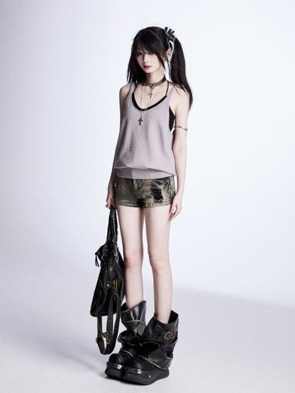 レッド/グレーのグラマラストップ、バックレスニットタンクトップ