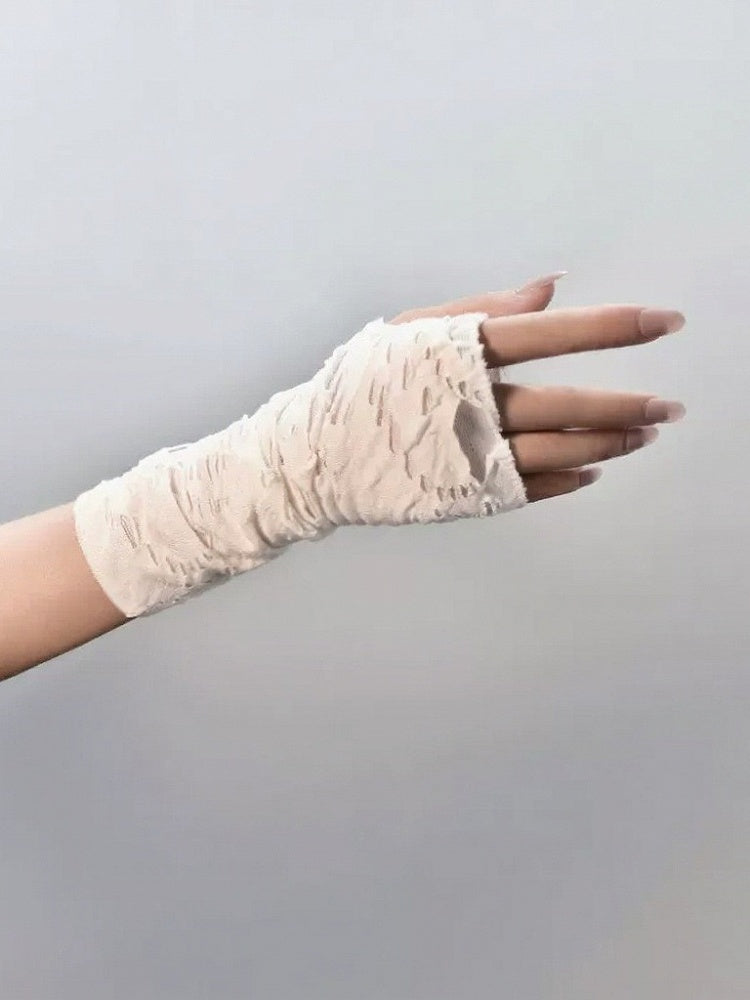 White Fingerless Gloves with Distressed Holes Design - Mr. Cat