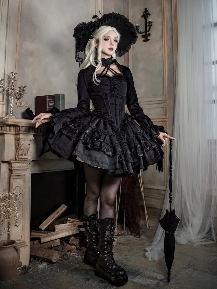 All Black Gothic Lolita Full Set – Halter Lace Top + Cropped Bolero + Boning Corset Skirt | The First Witch