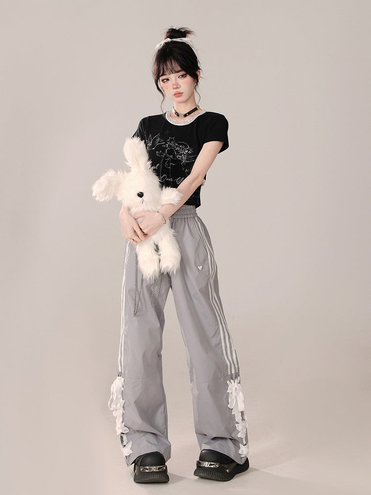 Straight-Leg pants with Lace-Up Side Detailing Gray Preppy