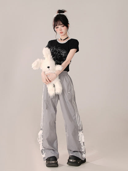 Straight-Leg pants with Lace-Up Side Detailing Gray Preppy