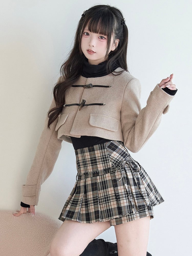 Coat Wool Kei Style Beige Blend Cropped Closures Pure Toggle Jirai with